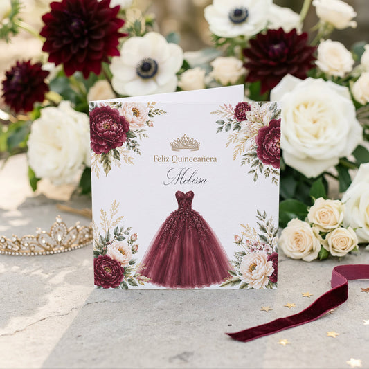 Burgundy Ball Gown Quinceañera Card with Name - Pretty Gifted