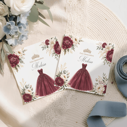 Burgundy Floral Quinceañera Napkins with Ball Gown - Pretty Gifted