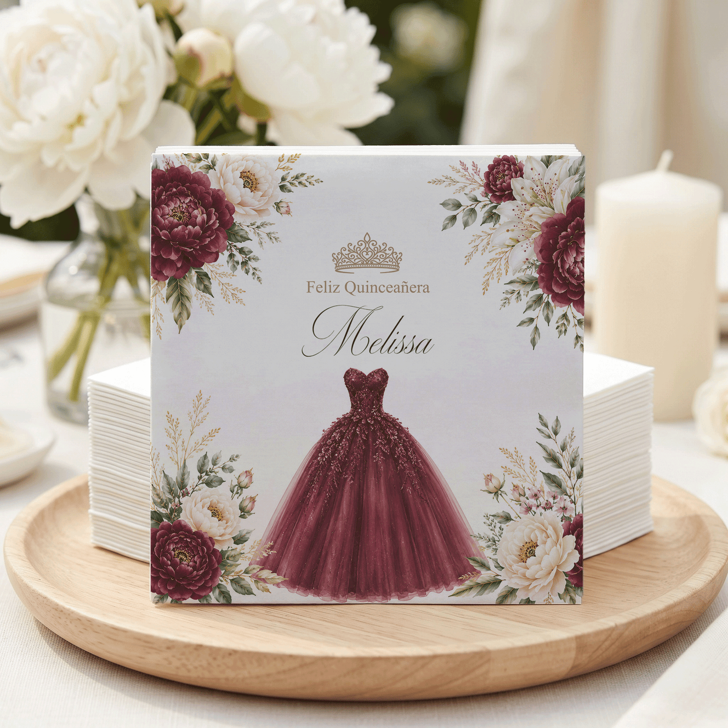 Burgundy Floral Quinceañera Napkins with Ball Gown - Pretty Gifted