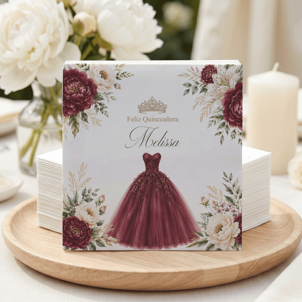 Burgundy Floral Quinceañera Napkins with Ball Gown - Pretty Gifted