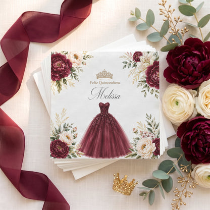 Burgundy Floral Quinceañera Napkins with Ball Gown - Pretty Gifted