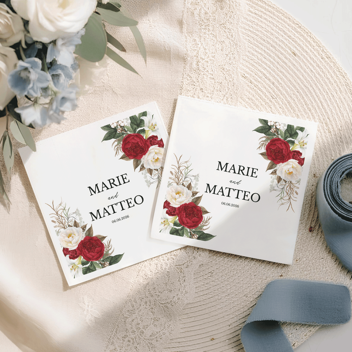Burgundy Peony Personalized Wedding Napkins - Pretty Gifted
