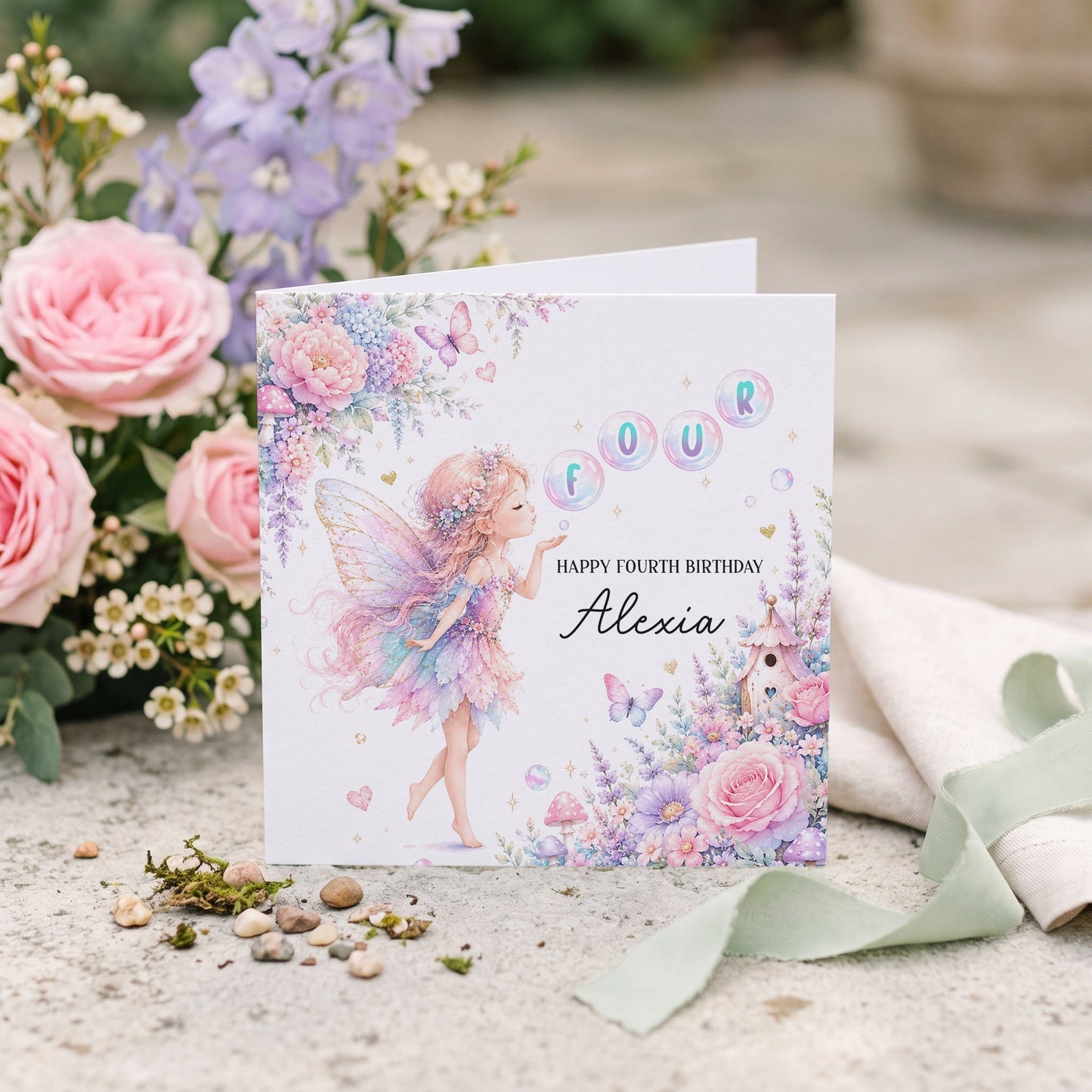 Butterfly Fairy 4th Birthday Card, Personalized Girls - Pretty Gifted