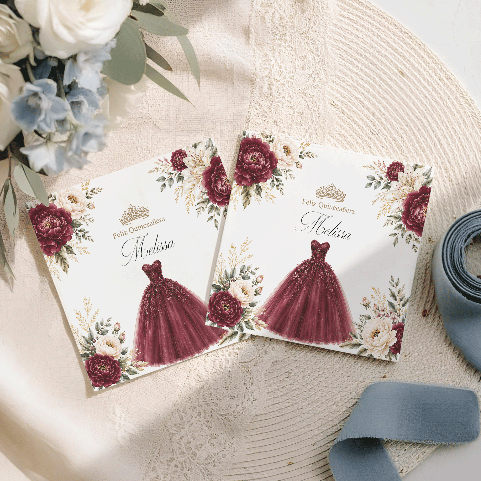 Two quinceañera invitations with floral borders and the name "Melissa".