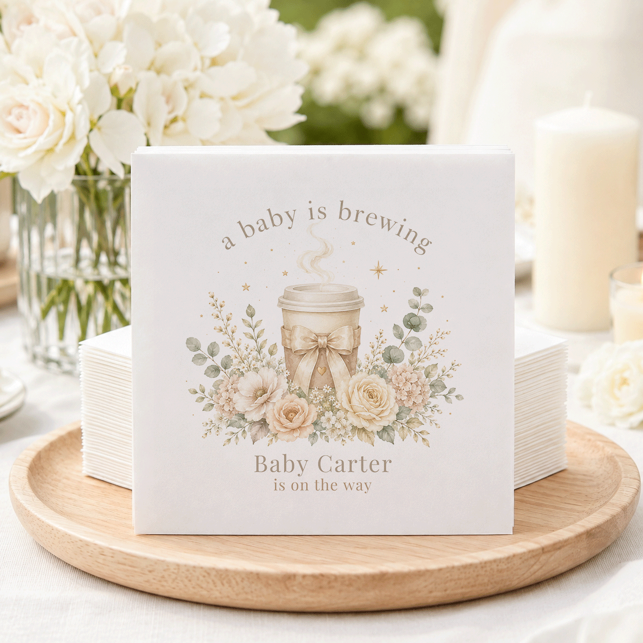 Baby Carter is on the way, with coffee cup and floral design.