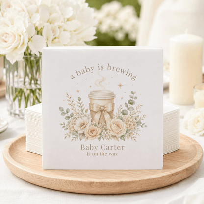 Baby Carter is on the way, with coffee cup and floral design.