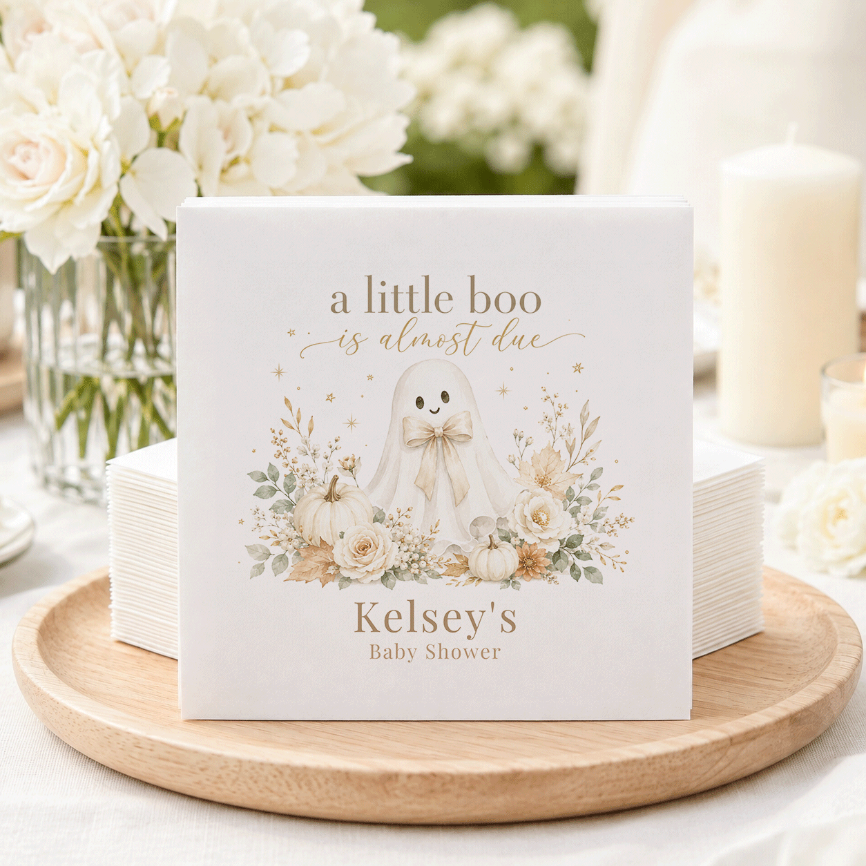 Napkins with ghost, pumpkins, and text "a little boo is almost due" for Kelsey's Baby Shower.