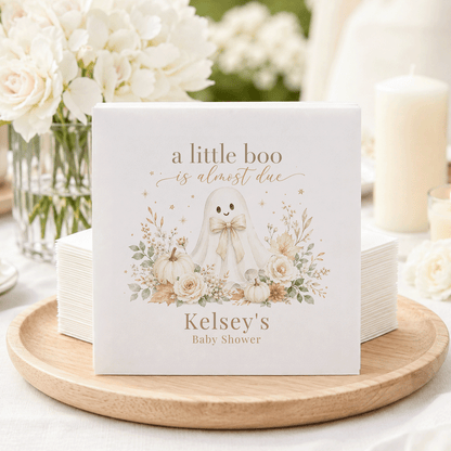 Napkins with ghost, pumpkins, and text "a little boo is almost due" for Kelsey's Baby Shower.