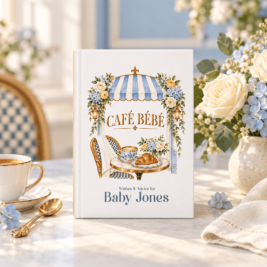 Café Bébé Baby Shower Guest Book, Blue Bistro Design - Pretty Gifted