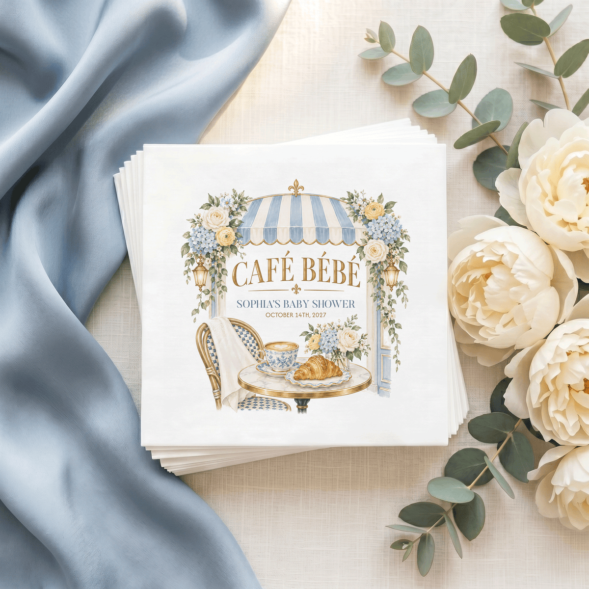 Café Bébé Baby Shower Napkins, Blue French Bistro Style - Pretty Gifted
