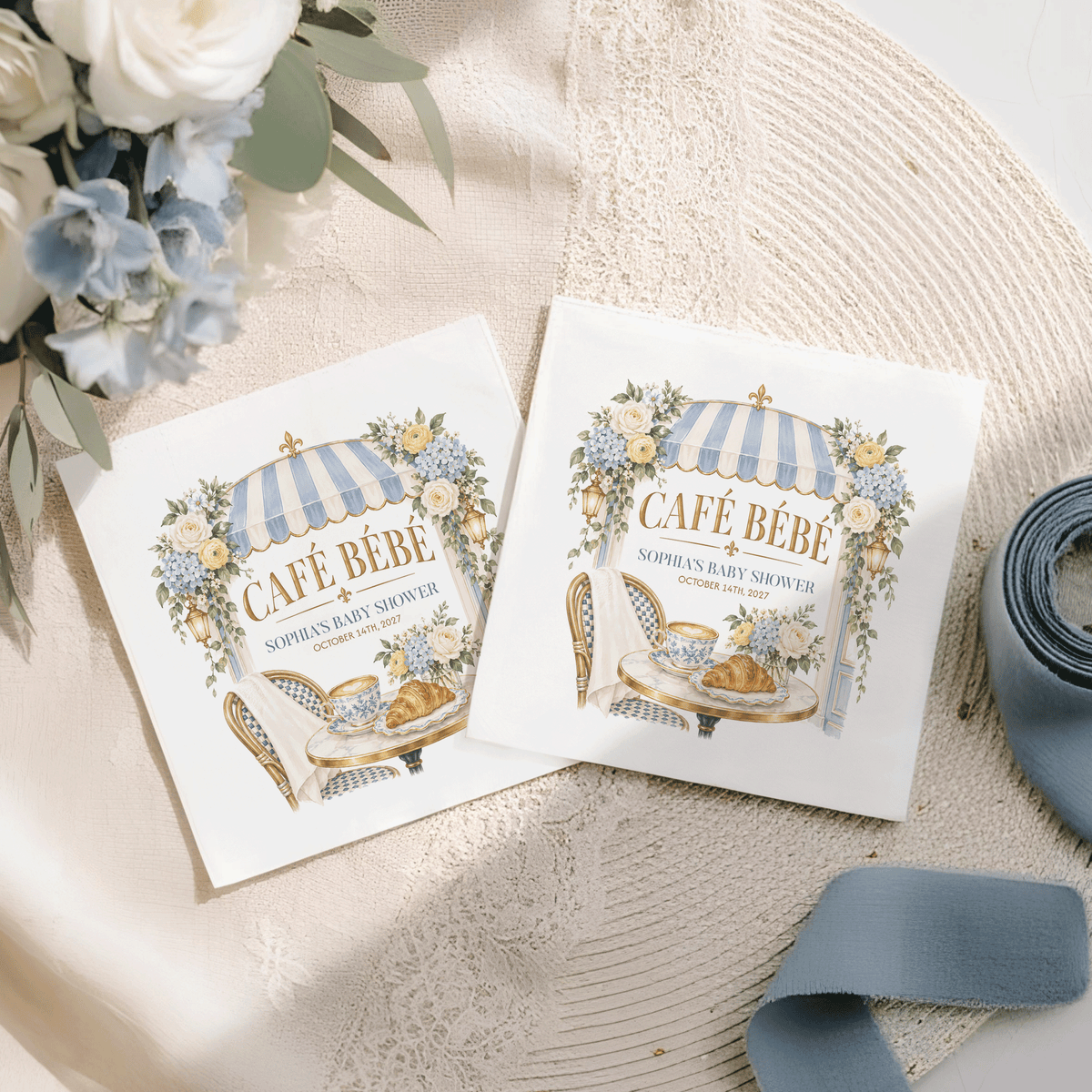 Café Bébé Baby Shower Napkins, Blue French Bistro Style - Pretty Gifted