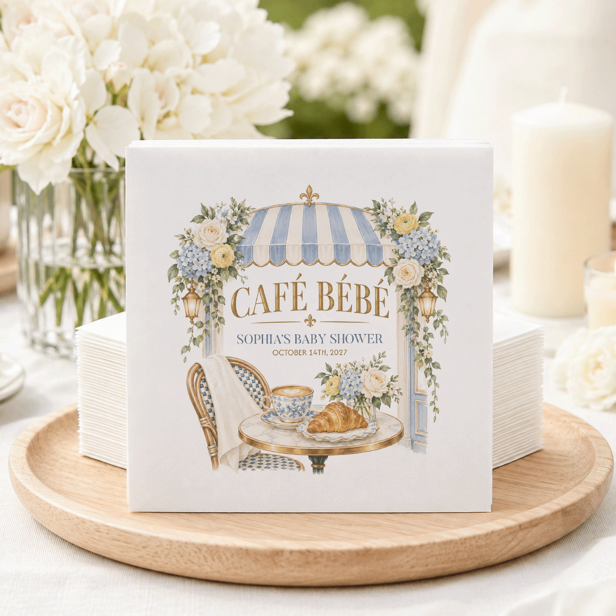 Café Bébé Baby Shower Napkins, Blue French Bistro Style - Pretty Gifted