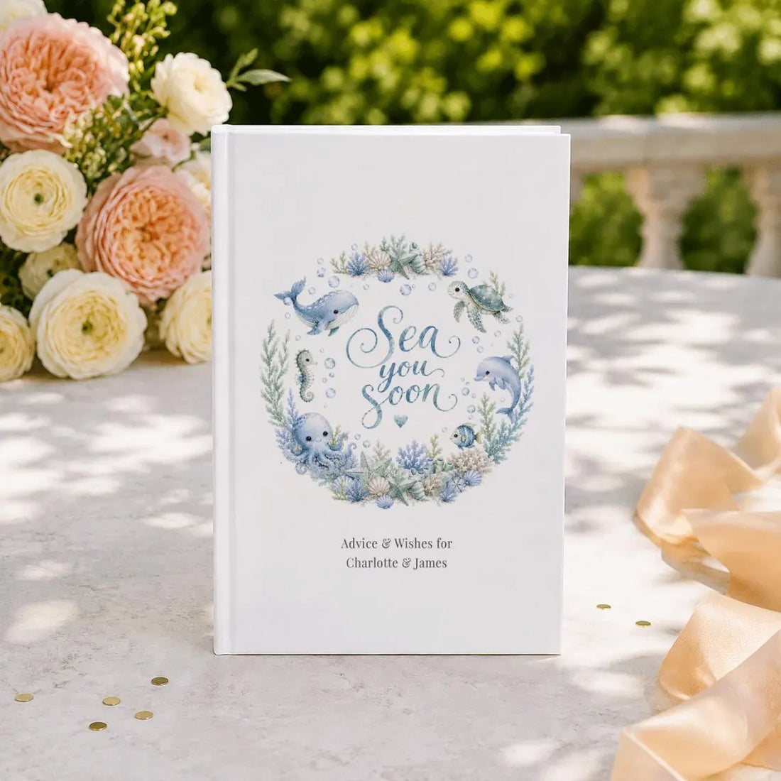 Blue Sea You Soon baby shower guest book with ocean animals and personalized names