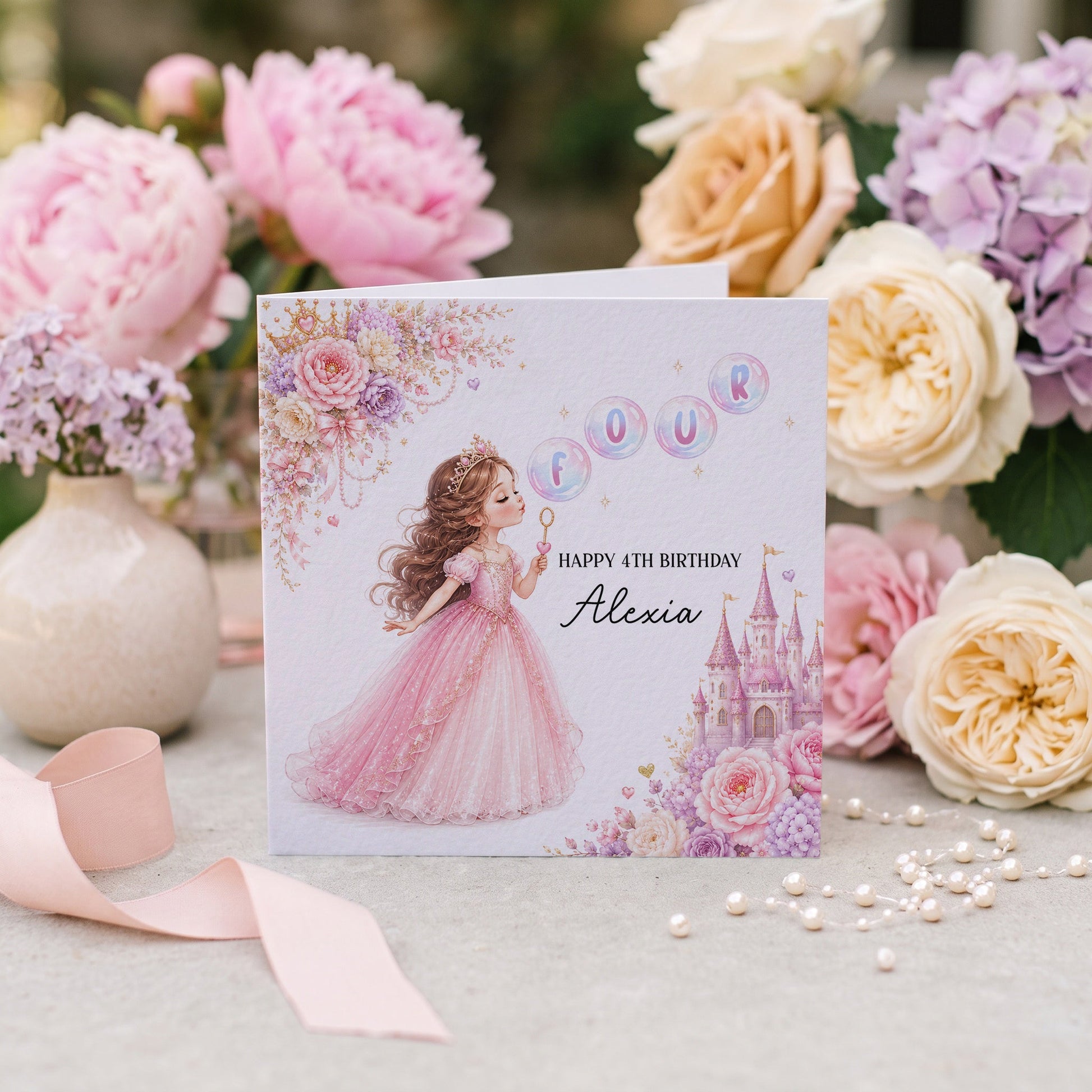 Castle Princess 4th Birthday Card, Personalized for Girls - Pretty Gifted