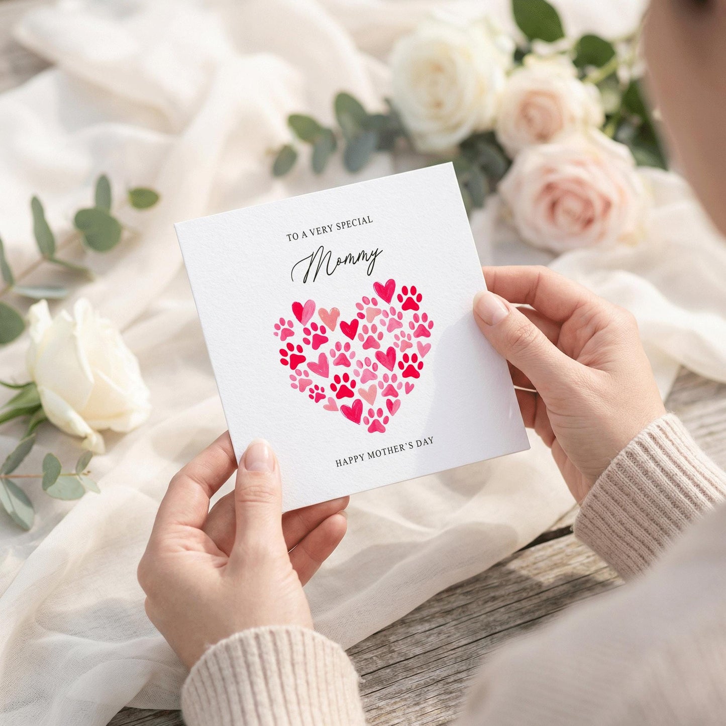 Cat Mom Mother's Day Card, Paw Print Heart Personalized - Pretty Gifted