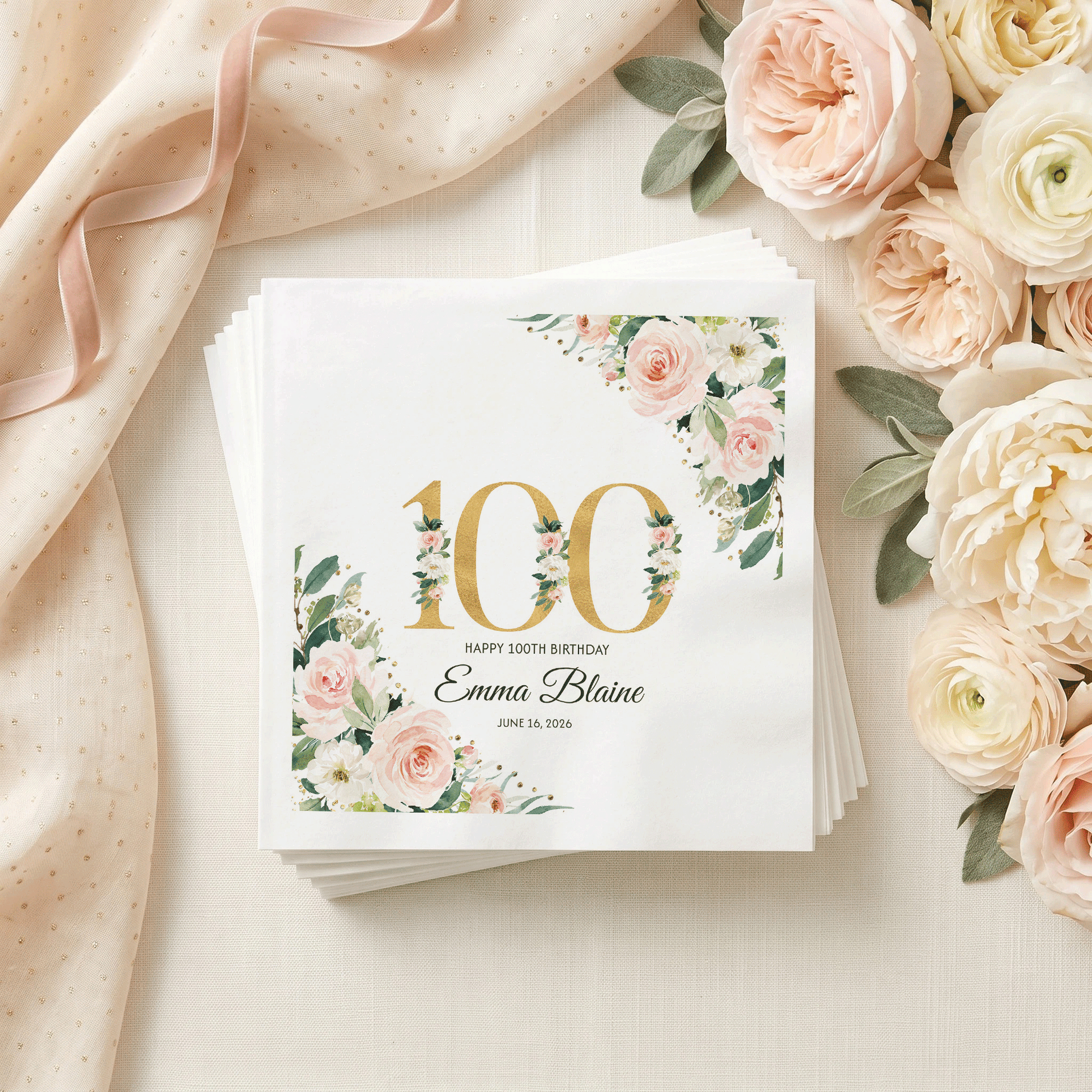 Centenarian Blush Rose 100th Birthday Napkins - Pretty Gifted