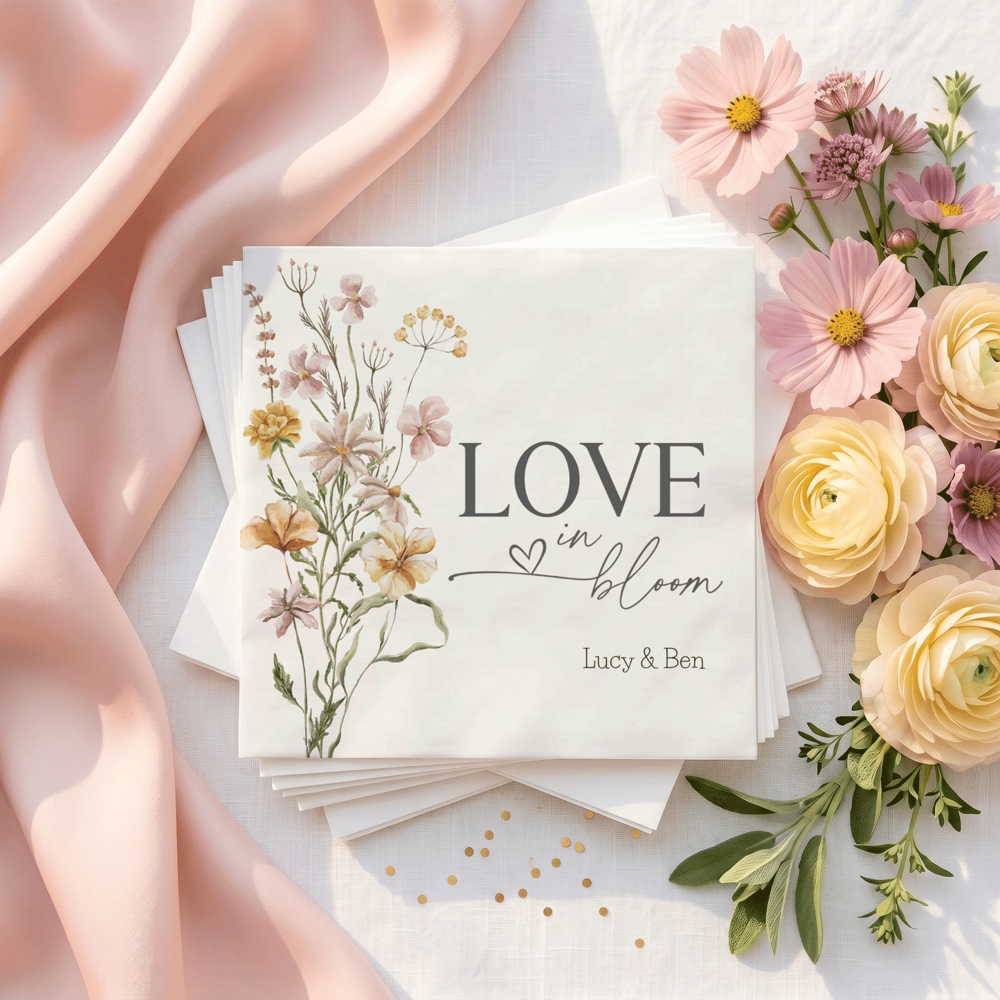 Love in Bloom Wedding Napkins, Wildflower, Personalized