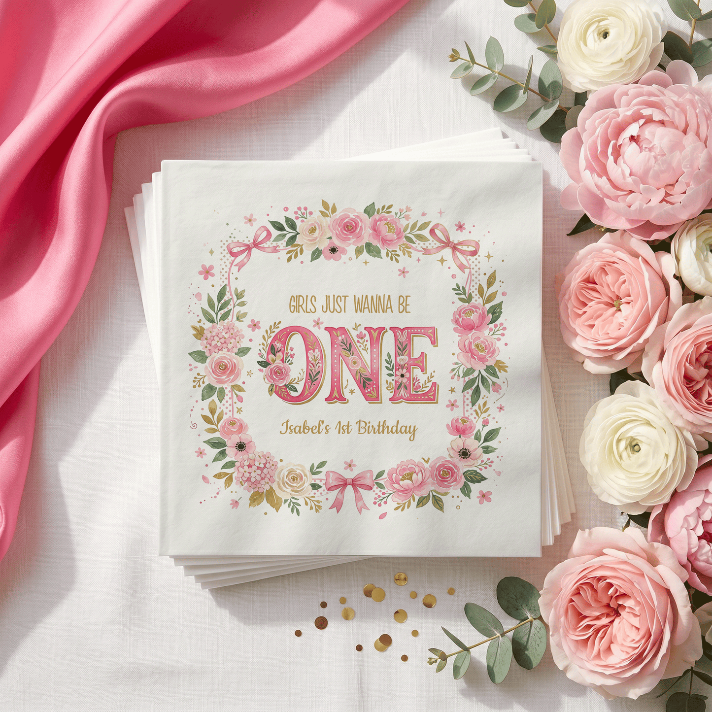 Girls Just Wanna Be One Napkins, Pink Floral, Personalized