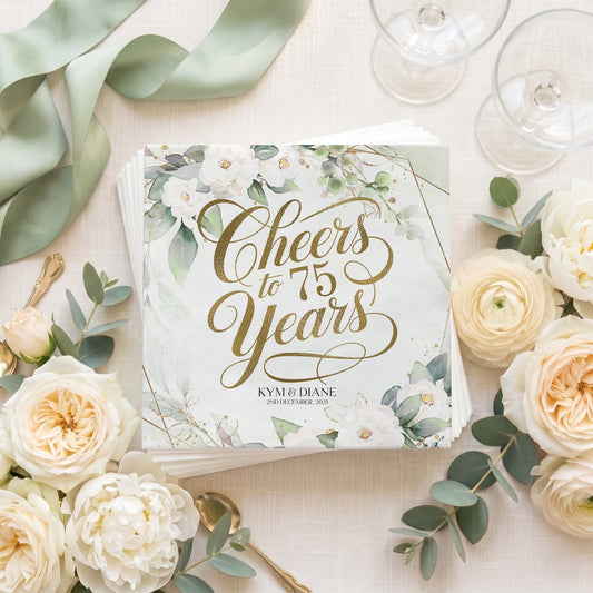 Cheers to 70 Years Anniversary Napkins – Personalized Floral Design - Pretty Gifted