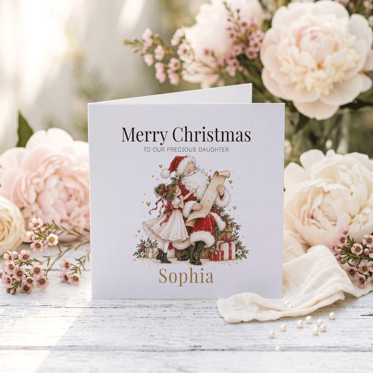Christmas Card for Daughter with Her Name, Storybook Santa - Pretty Gifted