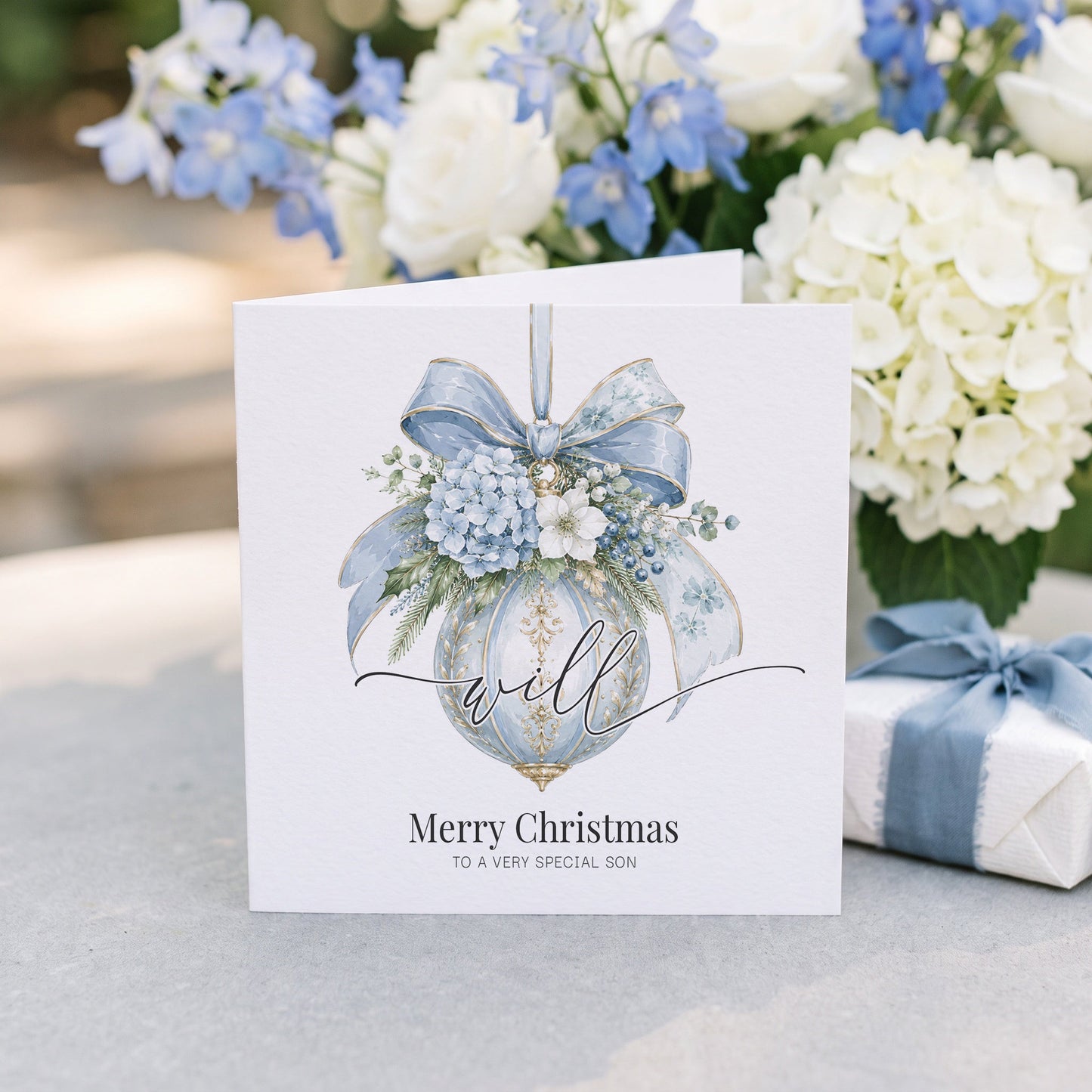 Christmas Card for Son | Personalized Blue Ornament Name Keepsake - Pretty Gifted
