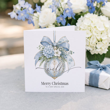 Christmas Card for Son | Personalized Blue Ornament Name Keepsake - Pretty Gifted