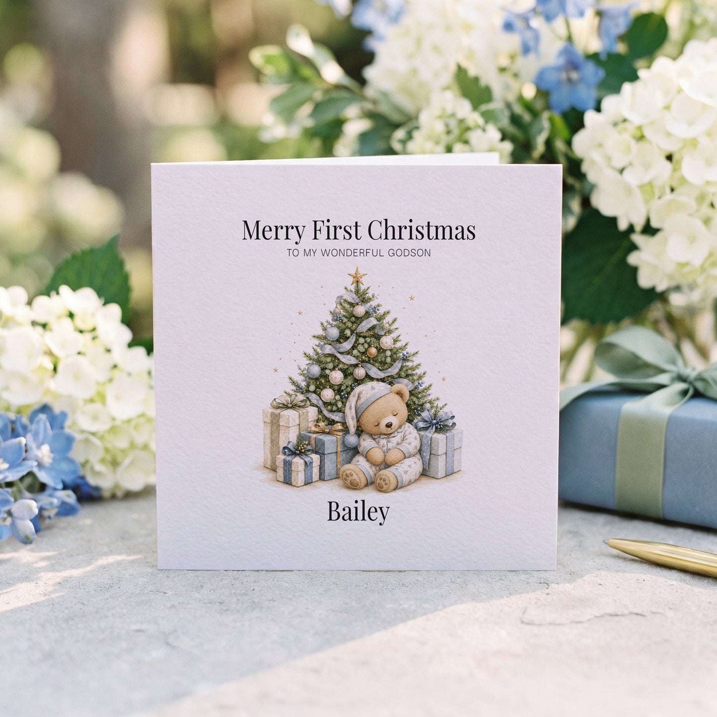 Christmas Teddy Bear Card for Godson | Personalized Baby - Pretty Gifted