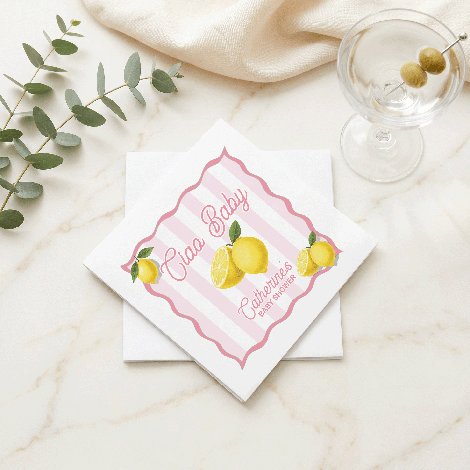 Ciao Baby Shower Napkins, Lemon Pink Stripe Personalized Girl - Pretty Gifted