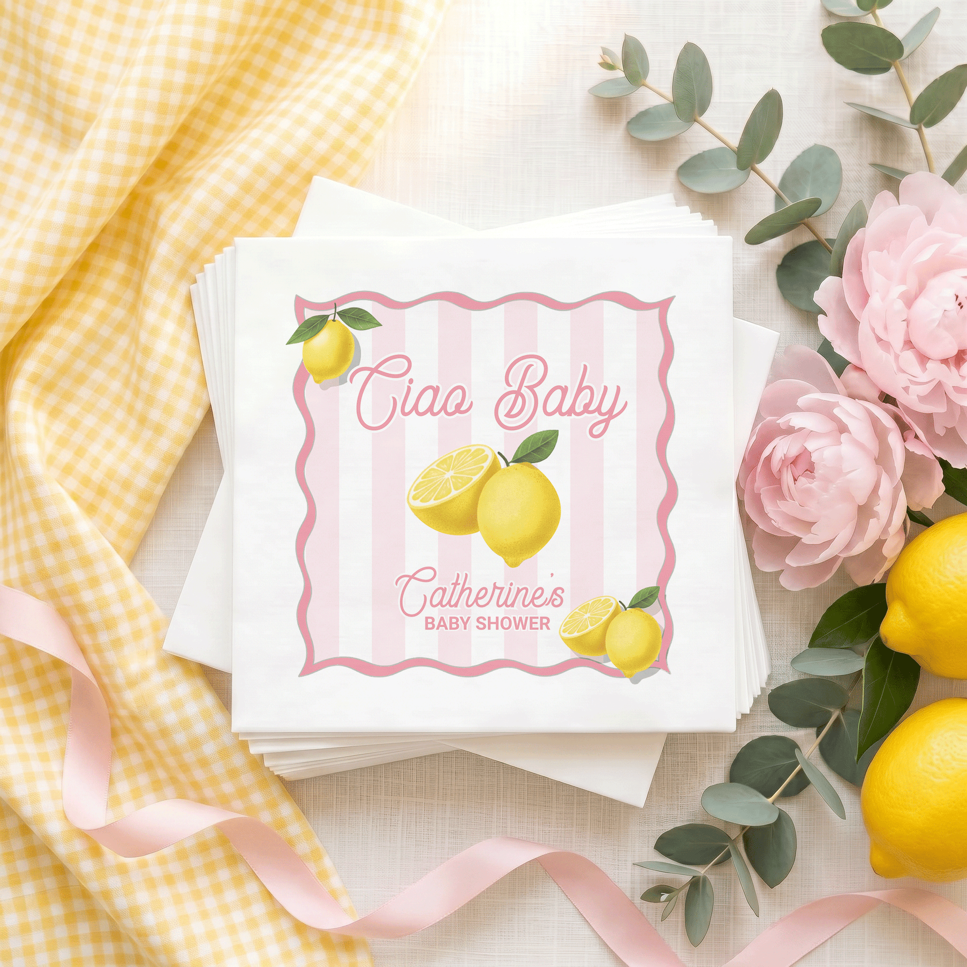 Ciao Baby Shower Napkins, Lemon Pink Stripe Personalized Girl - Pretty Gifted