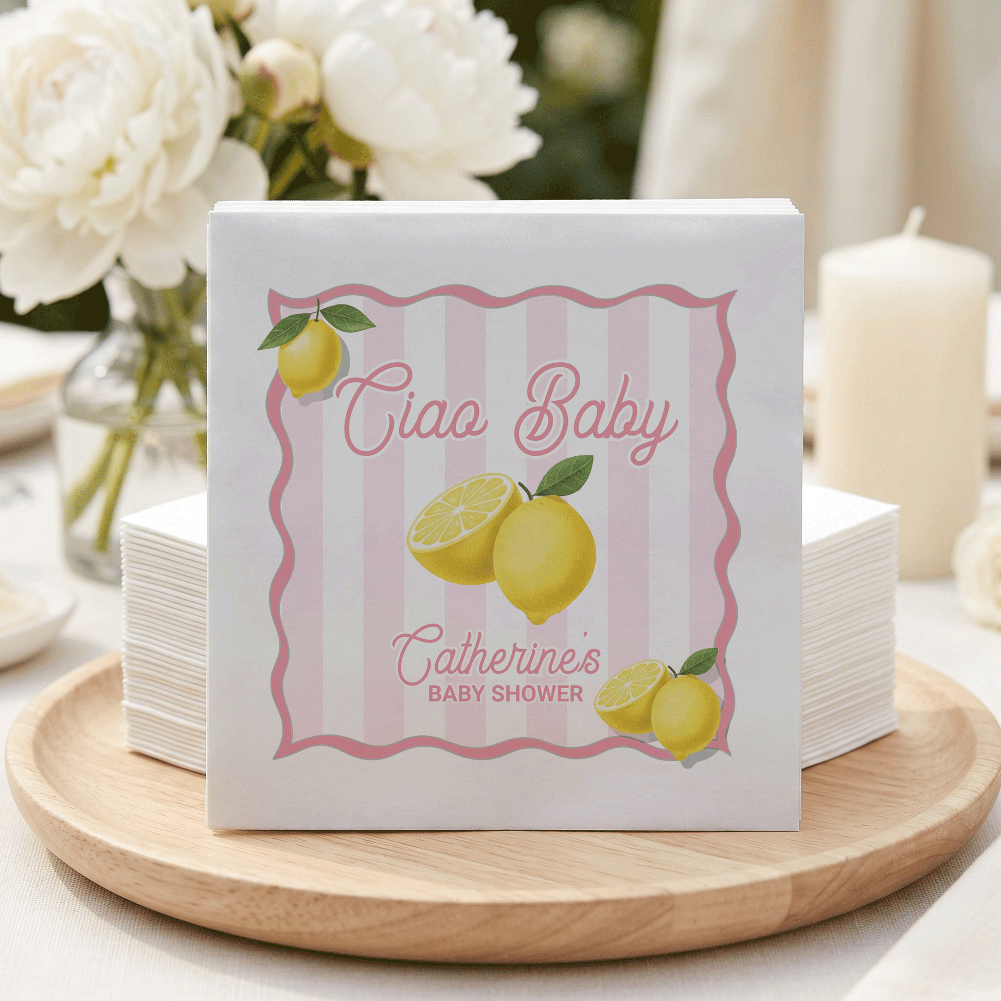 Ciao Baby Shower Napkins, Lemon Pink Stripe Personalized Girl - Pretty Gifted