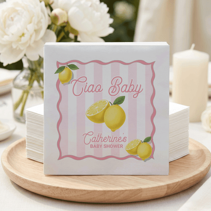 Ciao Baby Shower Napkins, Lemon Pink Stripe Personalized Girl - Pretty Gifted