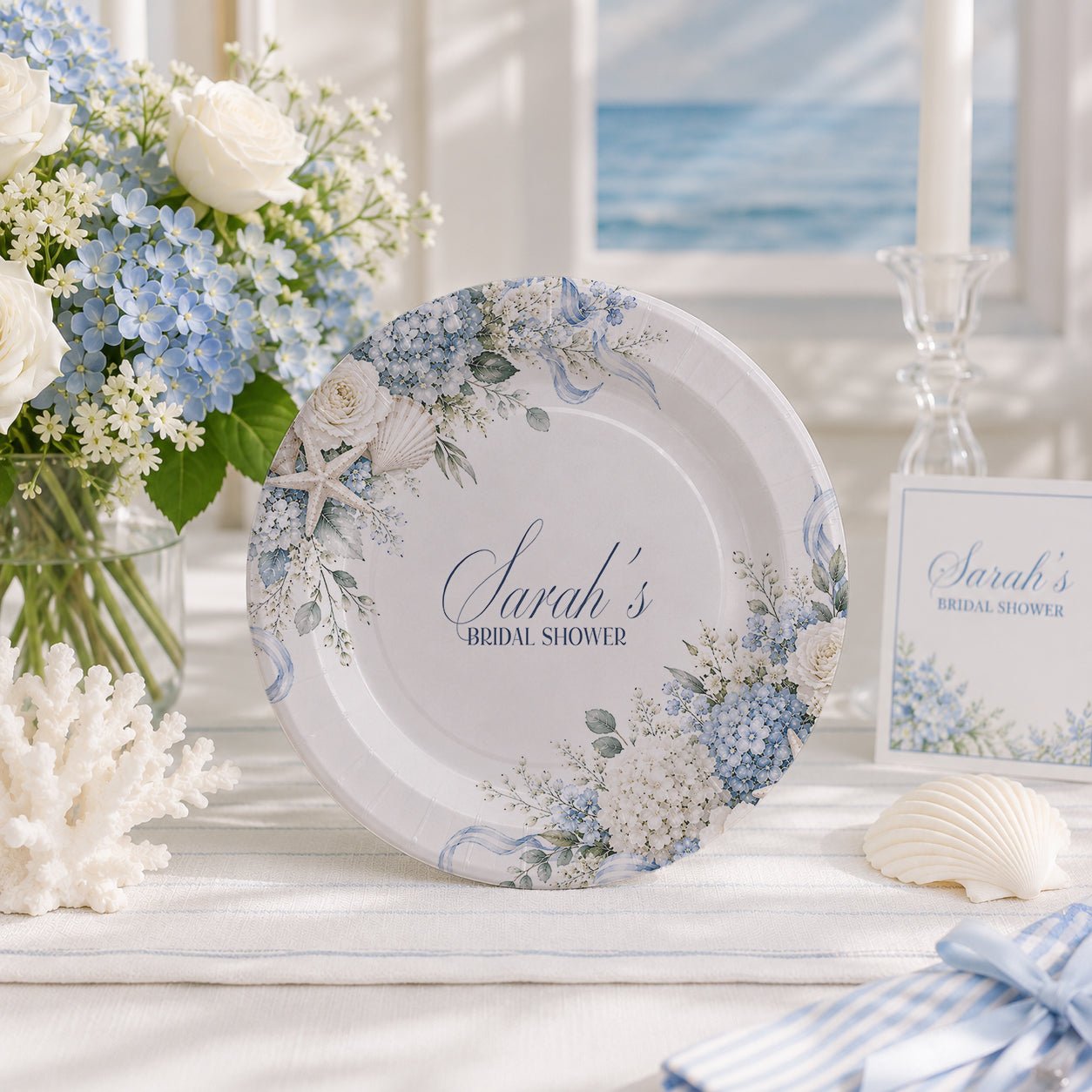 Coastal Hydrangea Bridal Shower Plates, Personalized Blue - Pretty Gifted