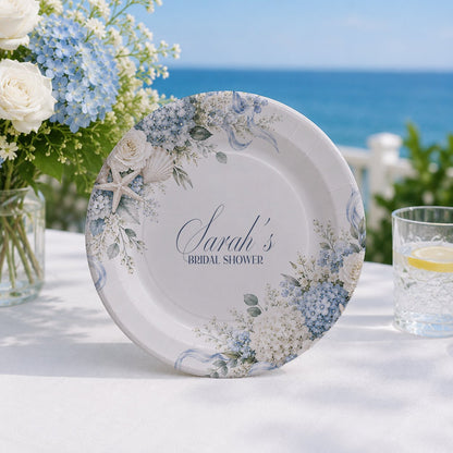Coastal Hydrangea Bridal Shower Plates, Personalized Blue - Pretty Gifted