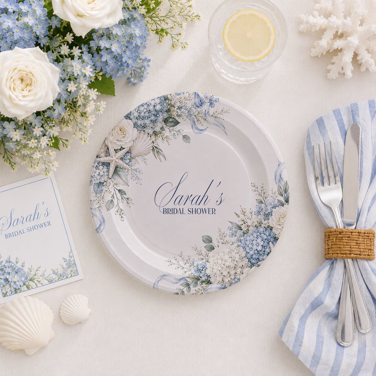 Coastal Hydrangea Bridal Shower Plates, Personalized Blue - Pretty Gifted