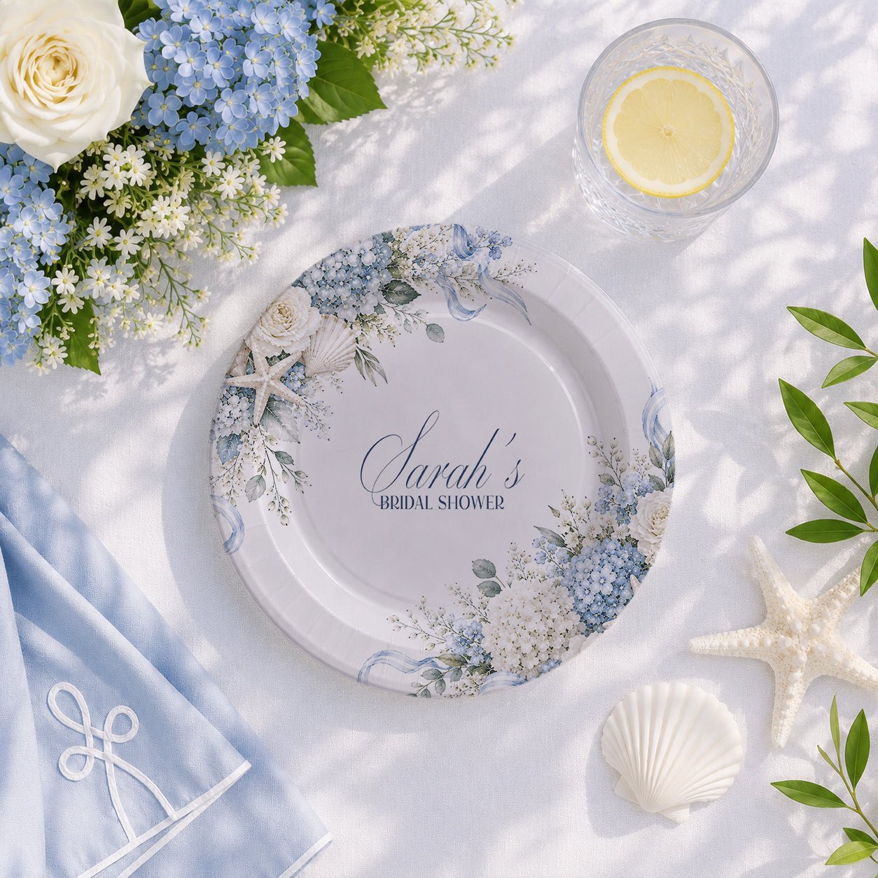 Coastal Hydrangea Bridal Shower Plates, Personalized Blue - Pretty Gifted