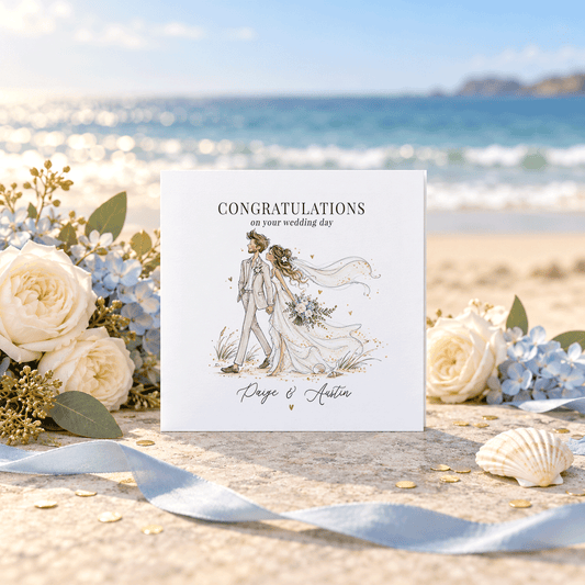 Coastal Wedding Card with Names, Romantic Beach Couple Shopify description - Pretty Gifted