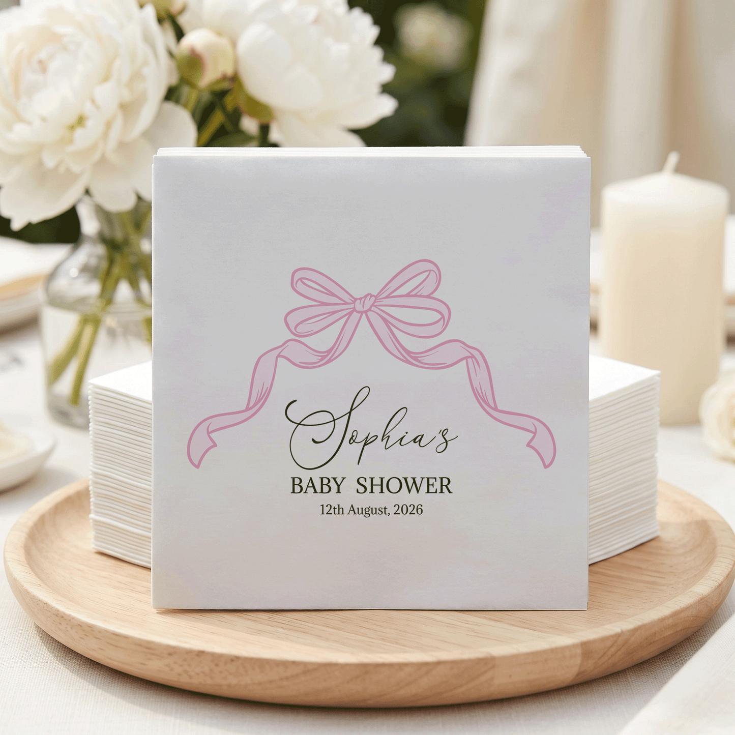 Coquette Bow Baby Shower Napkins, Personalized Pink - Pretty Gifted