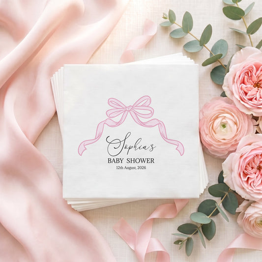 Coquette Bow Baby Shower Napkins, Personalized Pink - Pretty Gifted