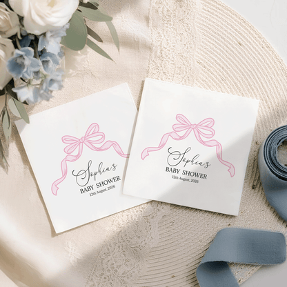Coquette Bow Baby Shower Napkins, Personalized Pink - Pretty Gifted