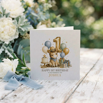 Cowboy 1st Birthday Card | Personalized Baby Son - Pretty Gifted