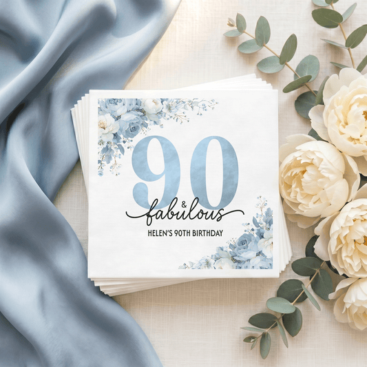 Custom Blue and White Floral Napkins for 90th Birthday - Pretty Gifted