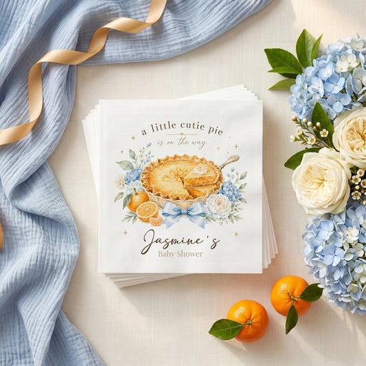 Cutie Pie Baby Shower Napkins, Dusty Blue Hydrangea - Pretty Gifted