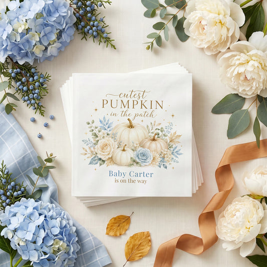 Dusty blue baby shower napkin with cream pumpkins, blue roses, golden leaves and personalized wording