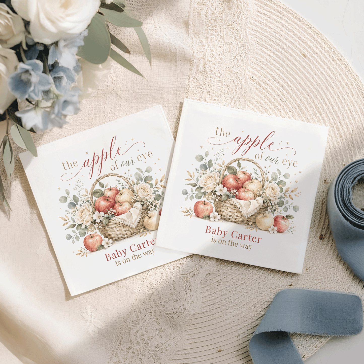 Two cards with "the apple of our eye" and "Baby Carter is on the way" text.