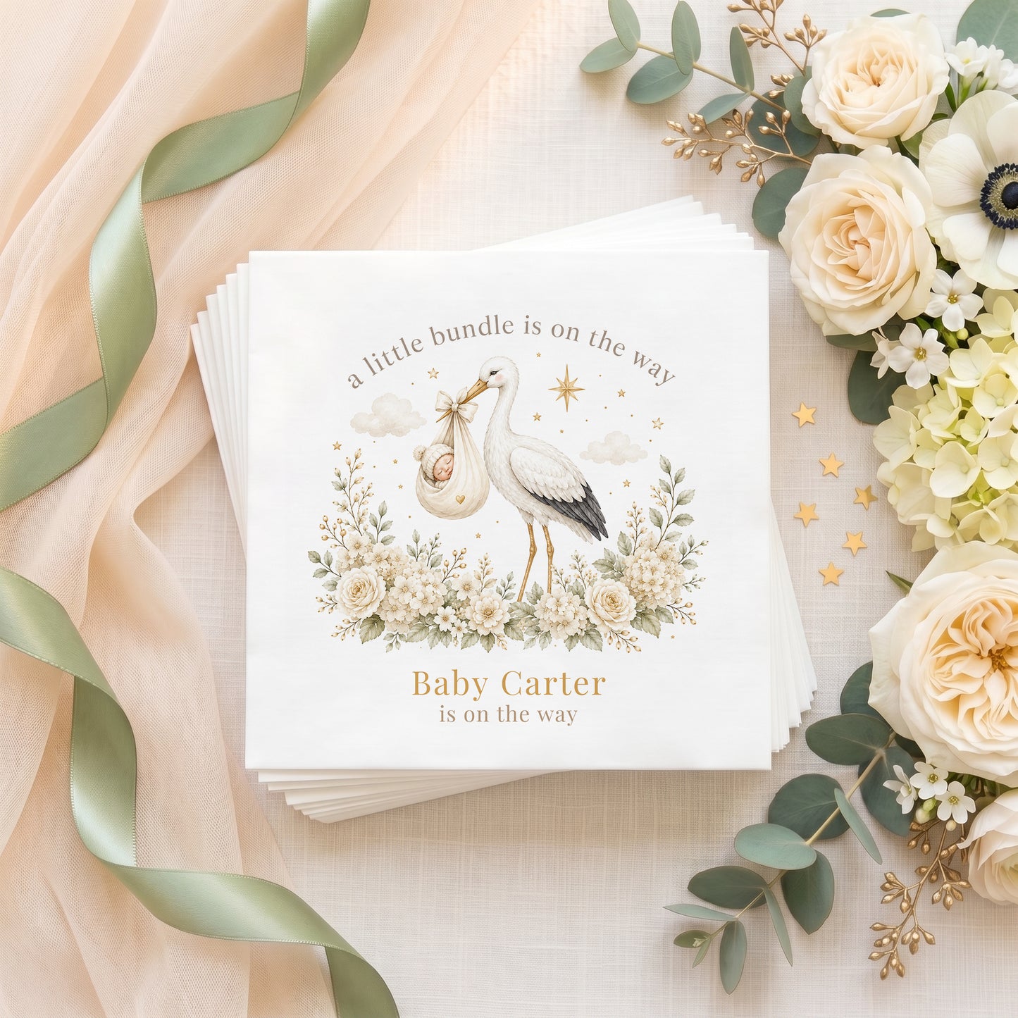 Personalized neutral baby shower napkins with watercolor stork, baby bundle and custom event wording
