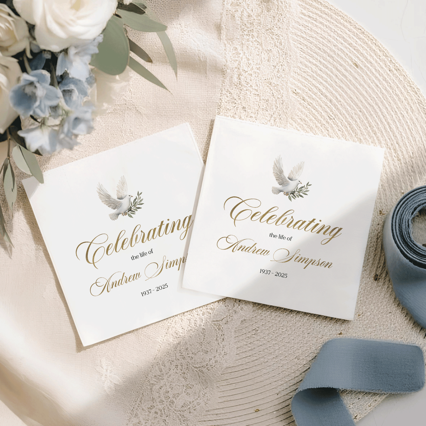 Two memorial cards with a dove and "Celebrating the life of Andrew Simpson 1937-2025".