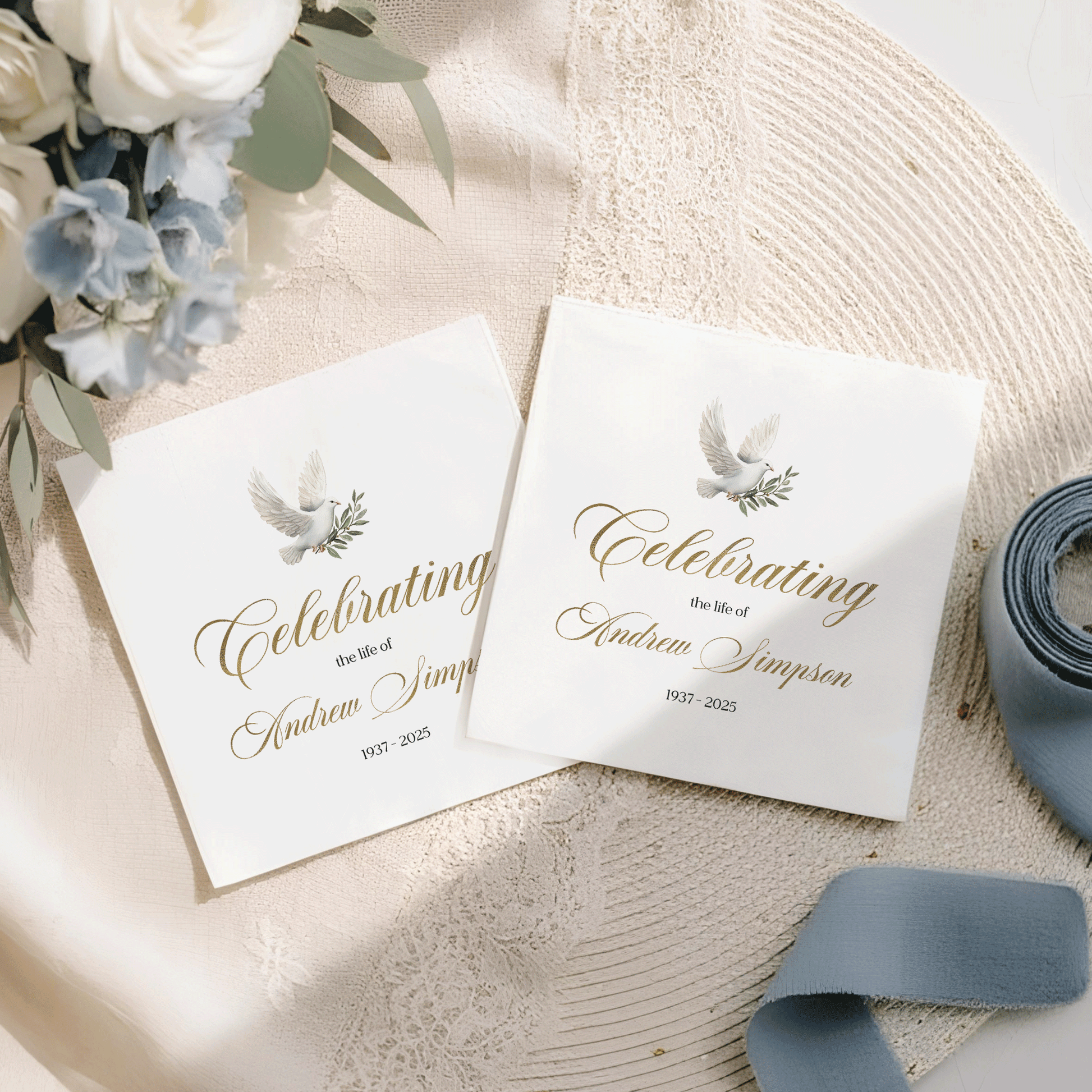 Two memorial cards with a dove and "Celebrating the life of Andrew Simpson 1937-2025".