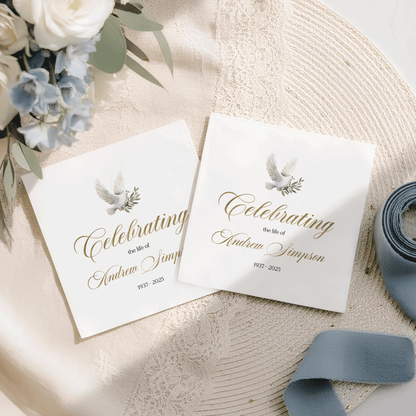 Two memorial cards with a dove and "Celebrating the life of Andrew Simpson 1937-2025".