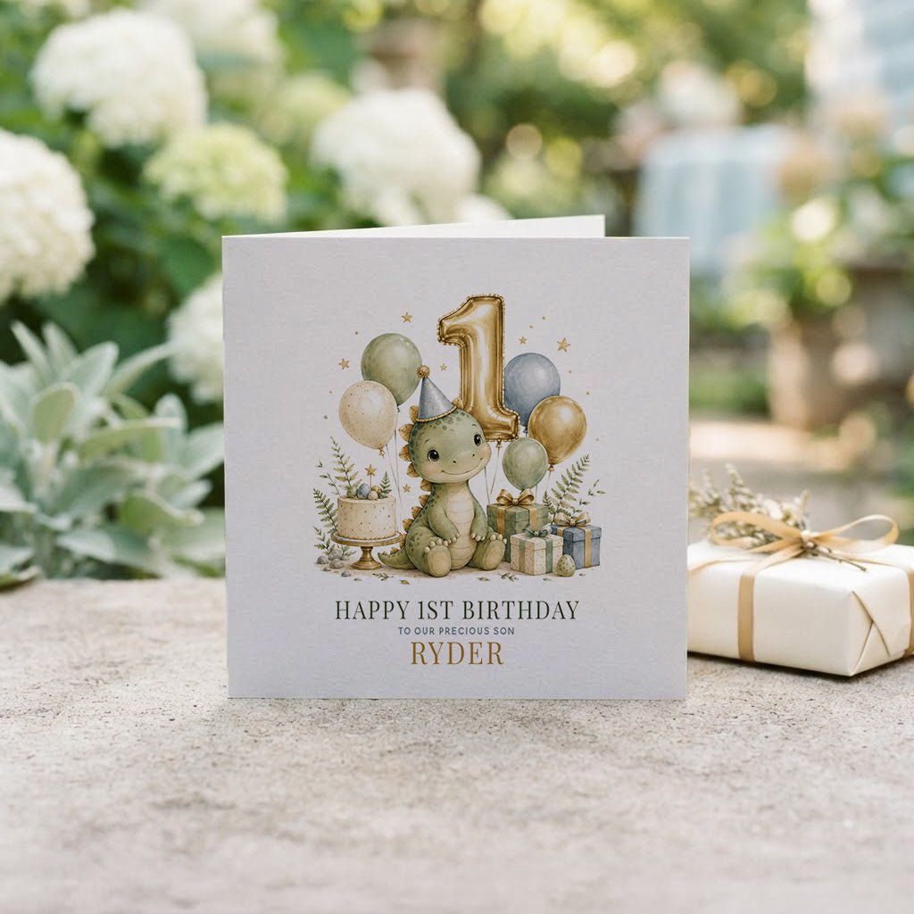 Dino 1st Birthday Card | Personalized Baby Son - Pretty Gifted