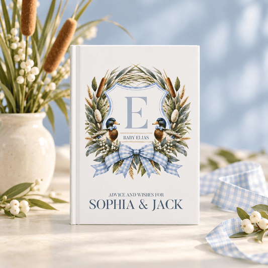 Duck Baby Shower Guest Book, Blue Gingham and Monogram - Pretty Gifted